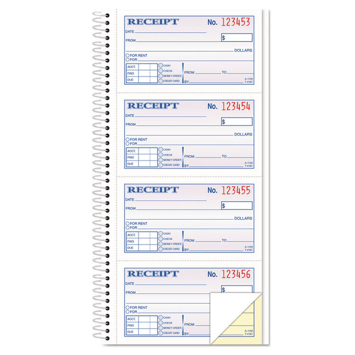Spiralbound Money and Rent Receipt Book, Two-Part Carbonless, 4.75 x 2.75, 4 Forms/Sheet, 200 Forms Total