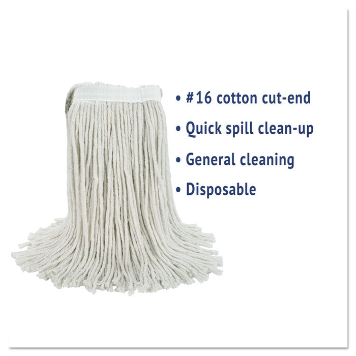 Cut-End Wet Mop Head, Cotton, #16, White, 12/Carton