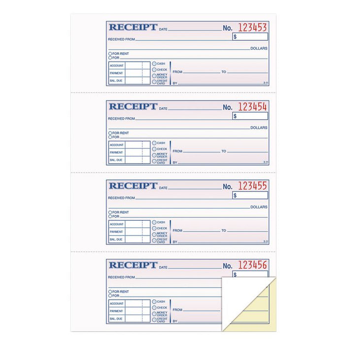 Money and Rent Receipt Books, Account + Payment Sections, Two-Part Carbonless, 7.13 x 2.75, 4 Forms/Sheet, 400 Forms Total