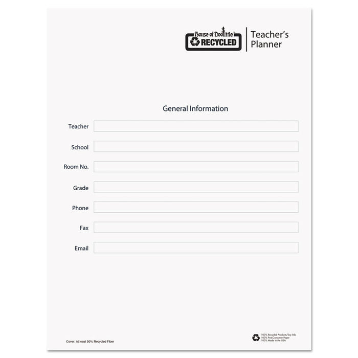 Recycled Teacher's Planner, Weekly, 7 Classes, Blue Cover, 11 x 8.5 Sheets, 45-Week Span