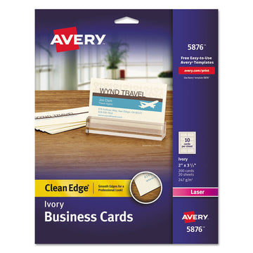 Clean Edge Business Cards, Laser, 2 x 3.5, Ivory, 10 Cards/Sheet, 20 Sheets/Pack