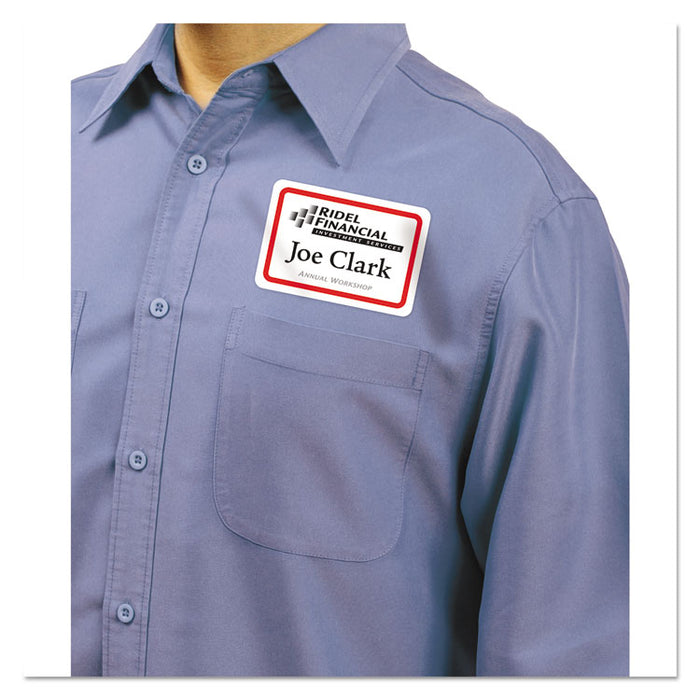 Flexible Adhesive Name Badge Labels, 3.38 x 2.33, White/Red Border, 400/Box