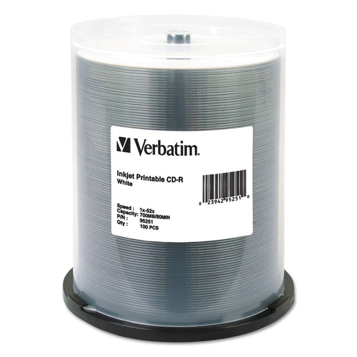 CD-R Printable Recordable Disc, 700 MB/80 Minute, 52x, Spindle, White, 100/Pack