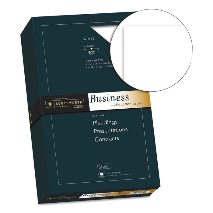 25% Cotton Business Paper, 95 Bright, 20 lb Bond Weight, 8.5 x 14, White, 500 Sheets/Ream