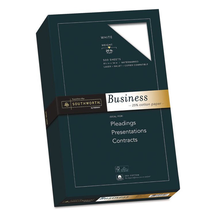 25% Cotton Business Paper, 95 Bright, 20 lb Bond Weight, 8.5 x 14, White, 500 Sheets/Ream