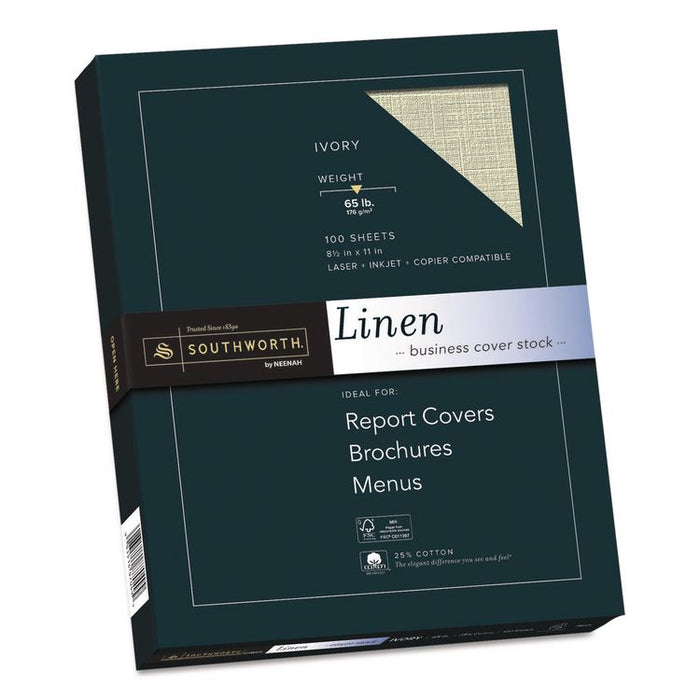 25% Cotton Linen Cover Stock, 65-lb Cover Weight, 8.5 x 11, Ivory, 100/Pack