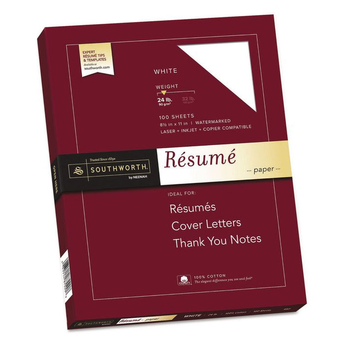 100% Cotton Resume Paper, 95 Bright, 24 lb Bond Weight, 8.5 x 11, White, 100/Pack