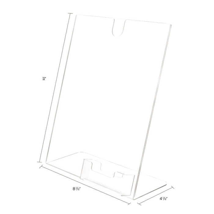 Superior Image Slanted Sign Holder with Business Card Holder, 8.5w x 4.5d x 11h, Clear