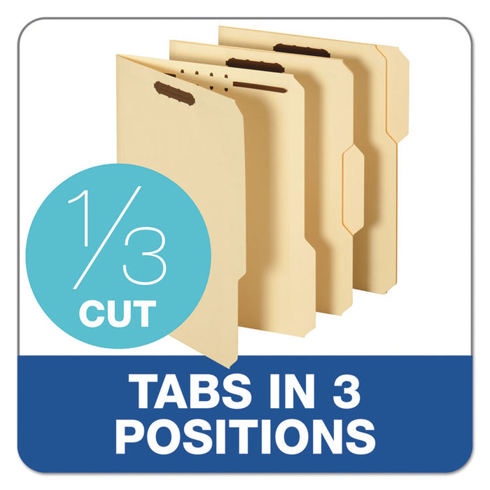 Top Tab Fastener Folder, 1/3-Cut Tab: Assorted, Expands 0.75", 2 Fasteners, Letter Size, Manila, 50/Box