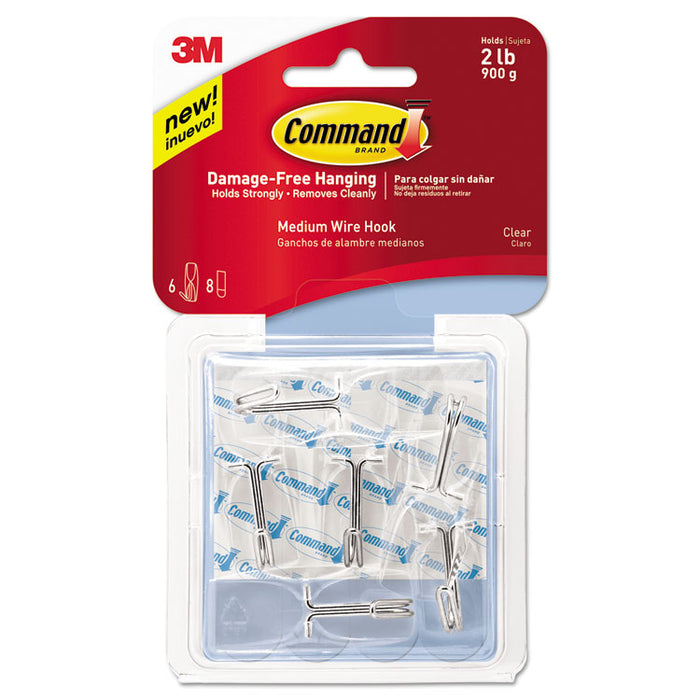 Medium Clear Wire Hooks, Metal Wire, Silver/Clear, Supports 2 lb, 6/Pack