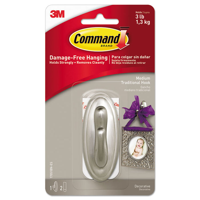 Medium Traditional Decorative Hooks, Metal, Brushed Nickel, Supports 3 lb