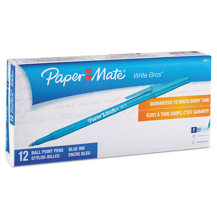 Write Bros. Ballpoint Pen, Stick, Fine 0.8 mm, Blue Ink, Blue Barrel, 12/Pack
