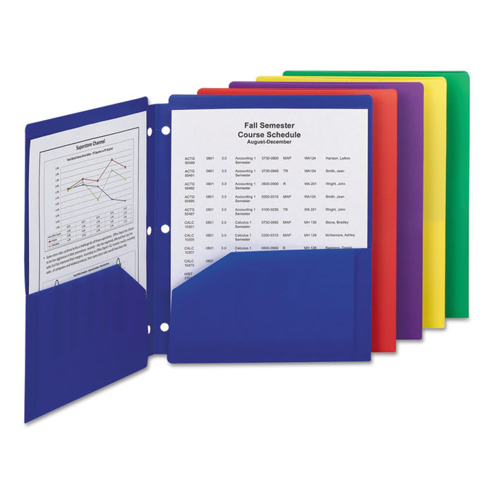 Poly Snap-In Two-Pocket Folder, Side: 3-Hole Punched, Accommodates (50) 11 x 8.5 Sheets, Assorted Colors, 10/Pack