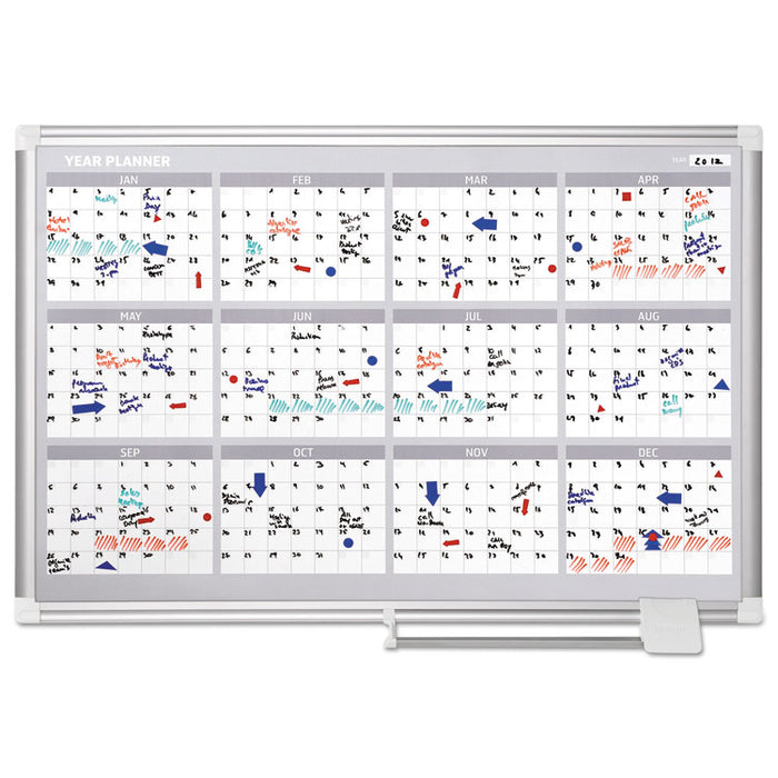 Magnetic Dry Erase Calendar Board, Four-Month Planning/Scheduling, 36" x 24", White Surface, Satin Aluminum Frame