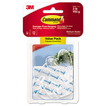 Medium Clear Hooks, Plastic, Supports 2 lb, 6/Pack