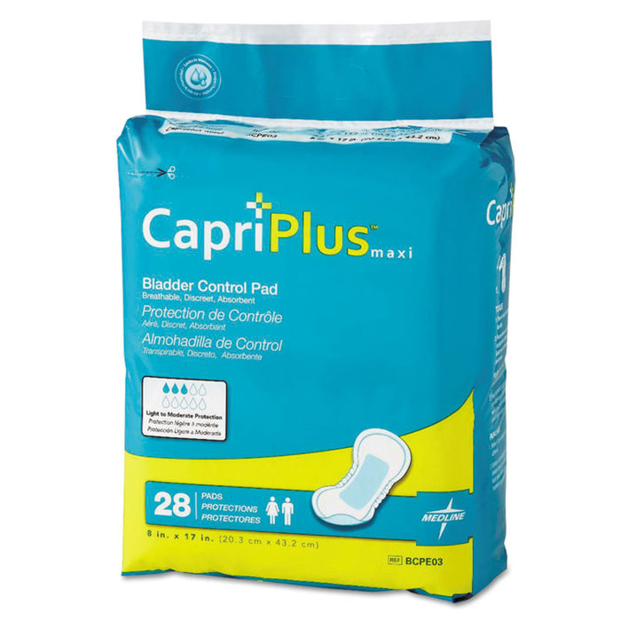 Capri Plus Bladder Control Pads, Ultra Plus, 8 x 17, 28/Pack, 6/Carton