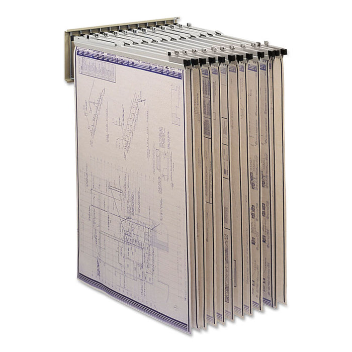 Sheet File Pivot Wall Rack, 12 Hanging Clamps, 24w x 14.75d x 9.75h, Sand