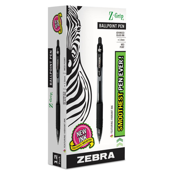 Z-Grip Ballpoint Pen, Retractable, Medium 1 mm, Black Ink, Clear/Black Barrel, 12/Pack