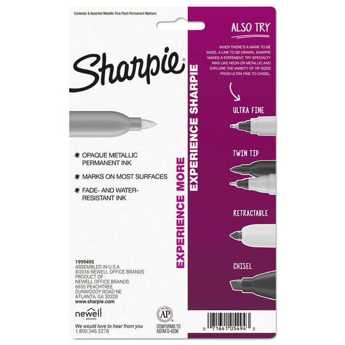 Metallic Fine Point Permanent Markers, Fine Bullet Tip, Gold-Silver-Bronze, 6/Pack