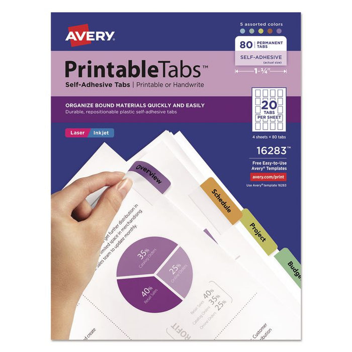 Printable Plastic Tabs with Repositionable Adhesive, 1/5-Cut, Assorted Colors, 1.75" Wide, 80/Pack