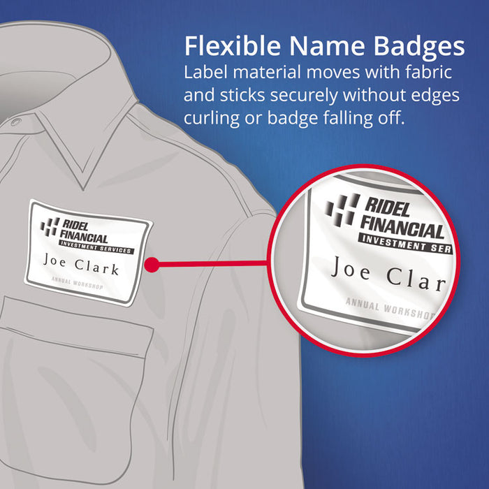 Flexible Adhesive Name Badge Labels, 3.38 x 2.33, White/Blue Border, 400/Box
