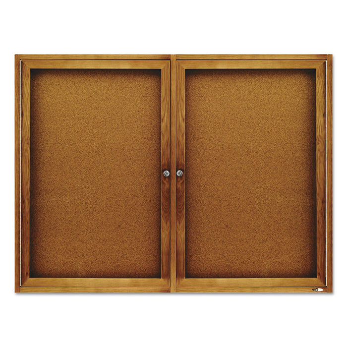 Enclosed Indoor Cork Bulletin Board with Two Hinged Doors, 48" x 36", Tan Surface, Oak Finished Fiberboard (MDF) Frame