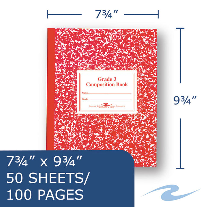 Grade School Ruled Composition Book, Grade 3 Manuscript Format, Red Marble Cover, (50) 9.75 x 7.75 Sheets