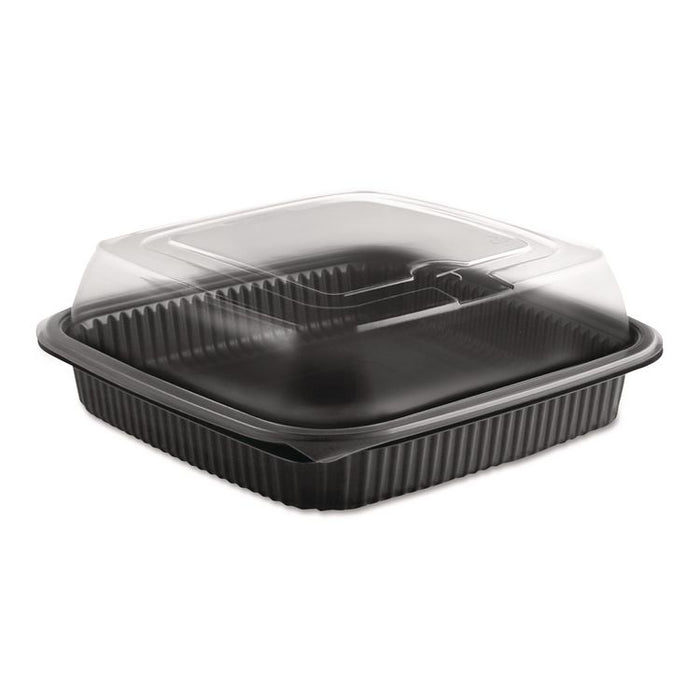 Culinary Squares Two-Piece Microwavable Container, Deep Lid, 36 oz, 8.46 x 8.46 x 2.91, Clear/Black, Plastic, 150/Carton