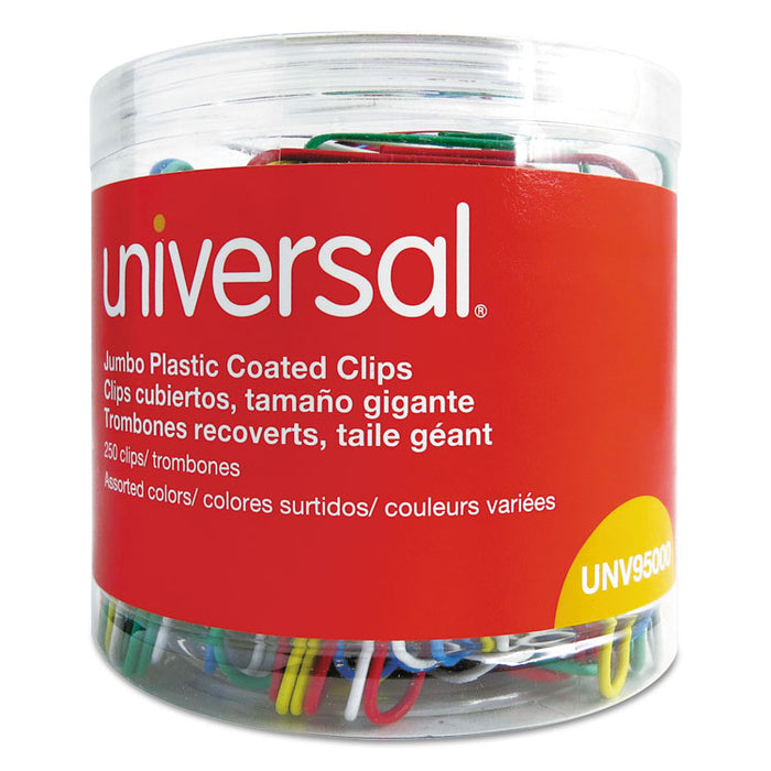Plastic-Coated Paper Clips with One-Compartment Dispenser Tub, Jumbo, Assorted Colors, 250/Pack