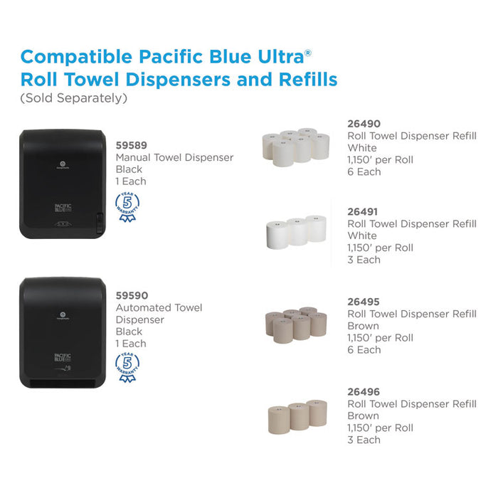 Pacific Blue Ultra Paper Towels, 1-Ply, 7.87" x 1,150 ft, Natural, 3 Rolls/Carton
