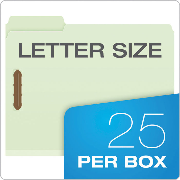 Heavy-Duty Pressboard Folders with Embossed Fasteners, 1/3-Cut Tab, Expands 2", 2 Fasteners, Letter Size, Green, 25/Box