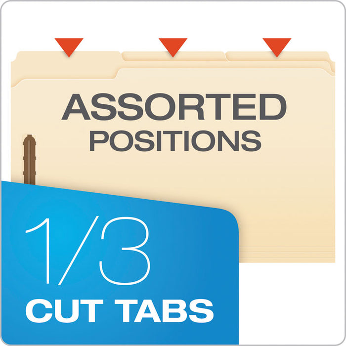 Manila Fastener Folders, 1/3-Cut Tab: Assorted, 2 Fasteners, Legal Size, Manila, 50/Box