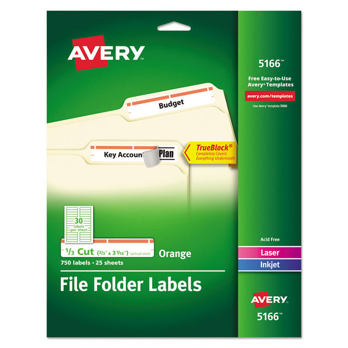 Permanent TrueBlock File Folder Labels with Sure-Feed Technology, 0.66" x 3.44", White, 30/Sheet, 25 Sheets/Pack