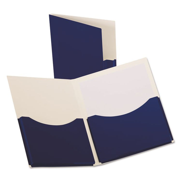 Double Stuff Glossy Laminated Paper Twin-Pocket Folder, Accommodates (200) 11 x 8.5 Sheets, Navy, 20/Box
