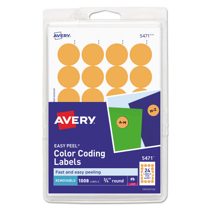Printable Self-Adhesive Removable Color-Coding Labels, 0.75" dia, Neon Orange, 24/Sheet, 42 Sheets/Pack, (5471)