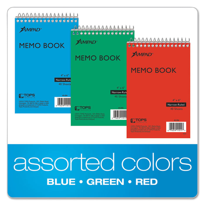 Memo Pads, Assorted Cover Colors, Narrow Rule, (40) White 4 x 6 Sheets, 3/Pack