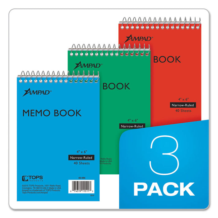 Memo Pads, Assorted Cover Colors, Narrow Rule, (40) White 4 x 6 Sheets, 3/Pack