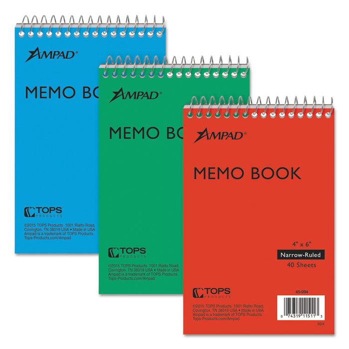 Memo Pads, Assorted Cover Colors, Narrow Rule, (40) White 4 x 6 Sheets, 3/Pack