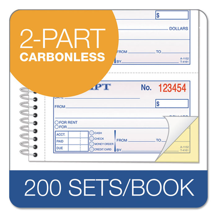 Spiralbound Money and Rent Receipt Book, Two-Part Carbonless, 4.75 x 2.75, 4 Forms/Sheet, 200 Forms Total