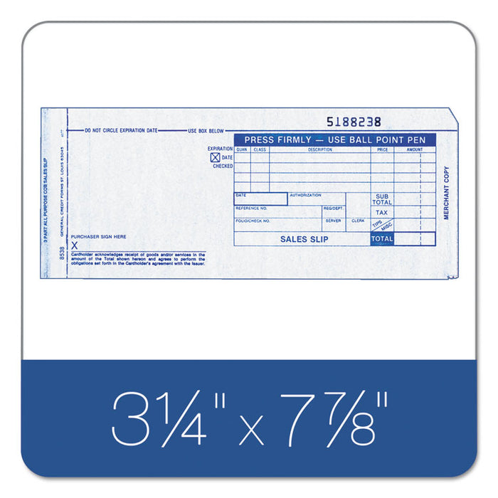 Credit Card Sales Slip, Three-Part Carbonless, 7.78 x 3.25, 100 Forms Total