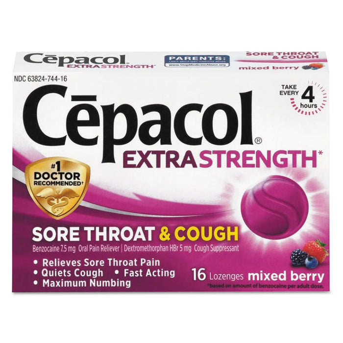 Extra Strength Sore Throat and Cough Lozenges, Mixed Berry, 16/Pack, 24 Packs/Carton