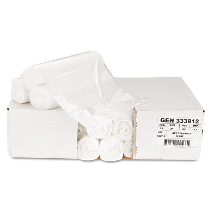 High-Density Can Liners, 33 gal, 9 mic, 33" x 39", Natural, Perforated Roll, 25 Bags/Roll, 20 Rolls/Carton