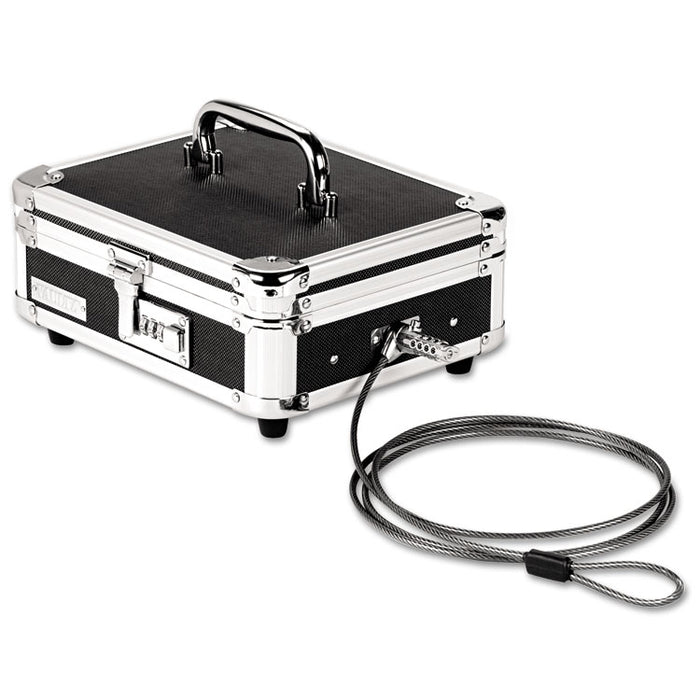 Locking Cash Box, 7 Compartments, Key Lock, 10" x 8.75" x 5", Black/Chrome