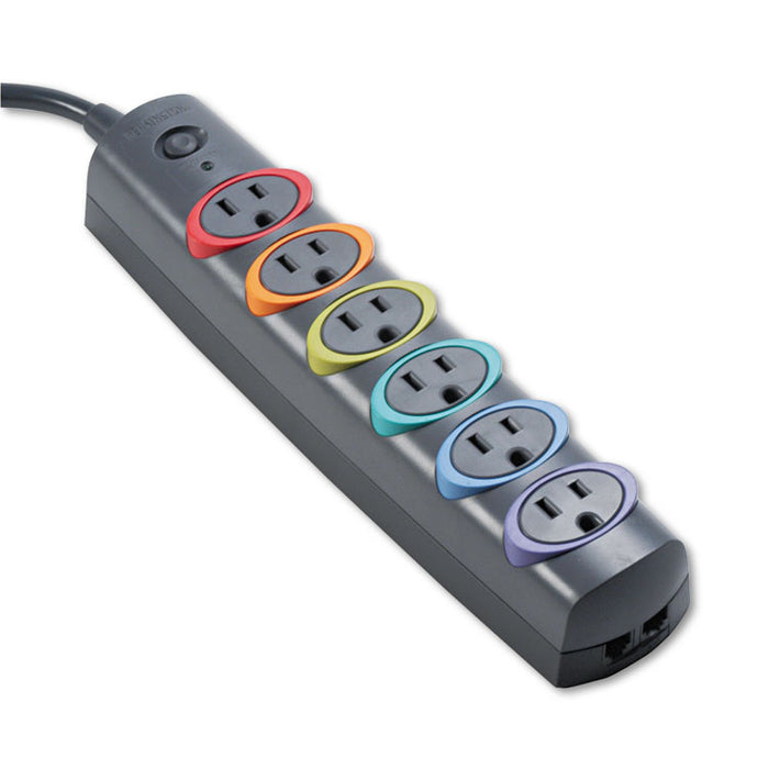 SmartSockets Color-Coded Strip Surge Protector, 6 AC Outlets, 6 ft Cord ...