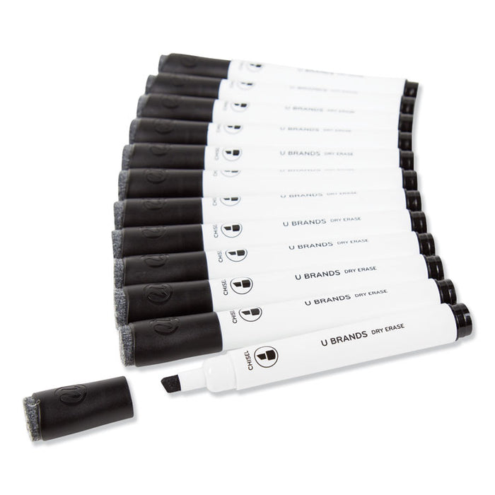 Chisel Tip Low-Odor Dry-Erase Markers with Erasers, Broad Chisel Tip, Black, Dozen