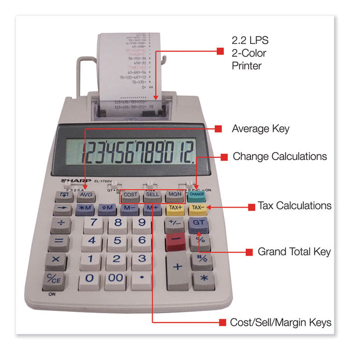EL-1750V Two-Color Printing Calculator, Black/Red Print, 2 Lines/Sec
