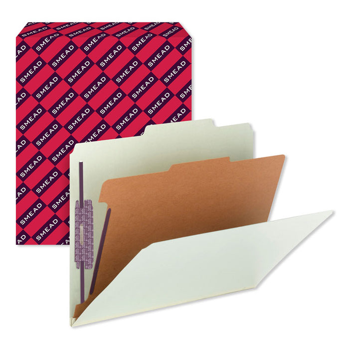 Pressboard Classification Folders, 2/5-Cut Tab, Expands 2", 1 Divider, 4 SafeSHIELD Fasteners, Letter Size, Gray-Green, 10/BX