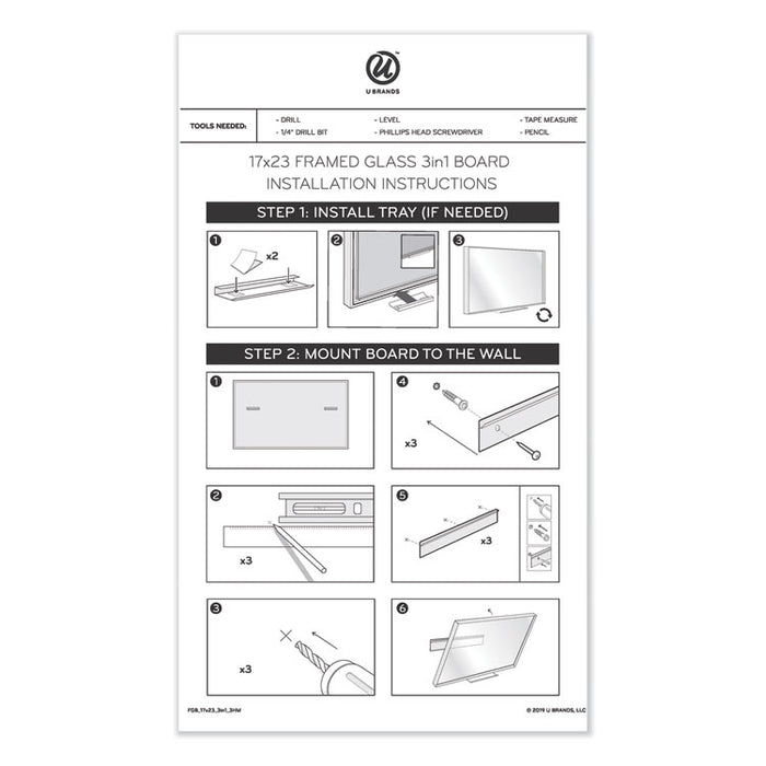 3N1 Magnetic Glass Dry Erase Combo Board, Monthly Planning, 48 x 36 (Actual Size: 47" x 35"), Gray/White Surface, White Frame