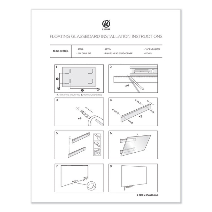 Floating Glass Ghost Grid Dry Erase Board, 36" x 24" (Actual Size: 35" x 23"), White Surface