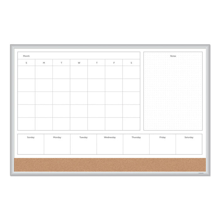 4N1 Magnetic Dry Erase Combo Board, Week/Month Planning, 36 x 24 (Actual Size: 35 x 23), Tan/WH Surface, Satin Aluminum Frame